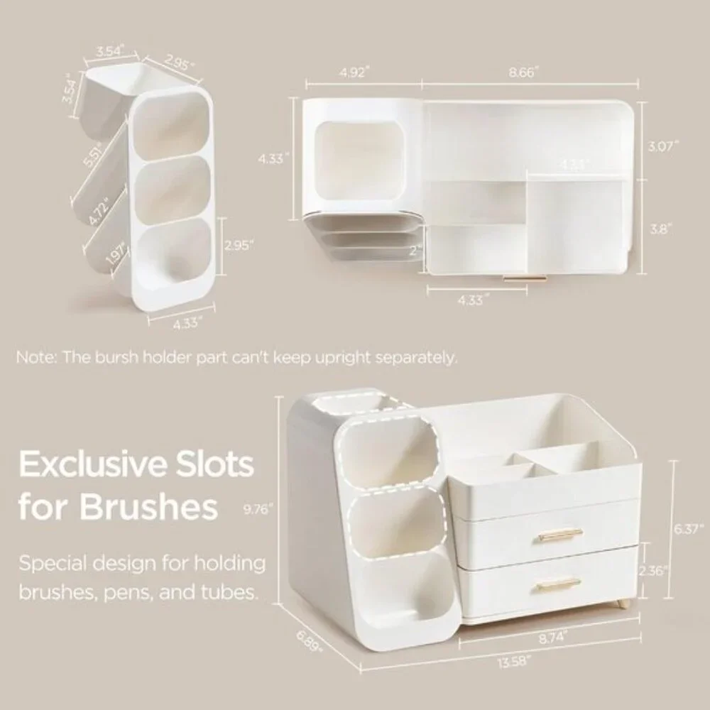 Large White Makeup Organizer with Brush Holder, Vanity & Room Storage Case